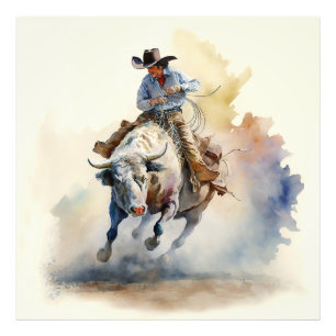 Foto Dusty Western Watercolor "Rodeo Bull Rider"