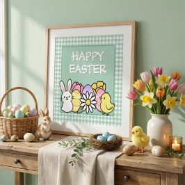 Foto Easter Bunny Chick Eggs Green Gingham