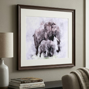 Foto Elefante-Africano Fêmea com Filhote Aquarela