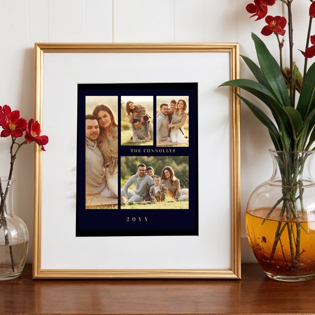 Foto Elegant Navy Blue & Fake Classic 4 Muli Photos (Elegant Navy Blue & Fake Gold Simple Classic 4 Multi Photos Collage Family Photo Print.)