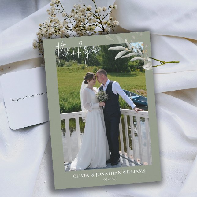Foto Elegante Casamento Botânico Obrigado Cartão (sage green photo wedding thank you card)