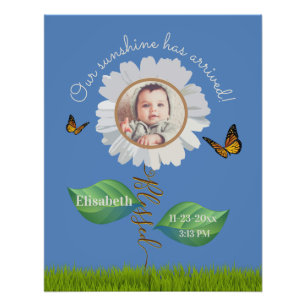 Foto Elegante Daisy Blue Floral Cute Baby Photo e Name
