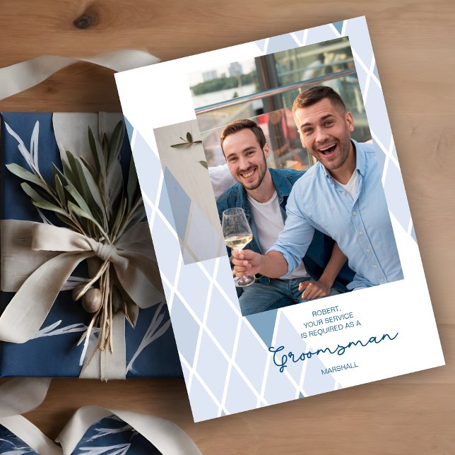 Foto Elegante de Abstrato do padrinho de casamento (Photo Groomsman Stylish Abstract Sophisticated Proposal Card in Blue Shades.)