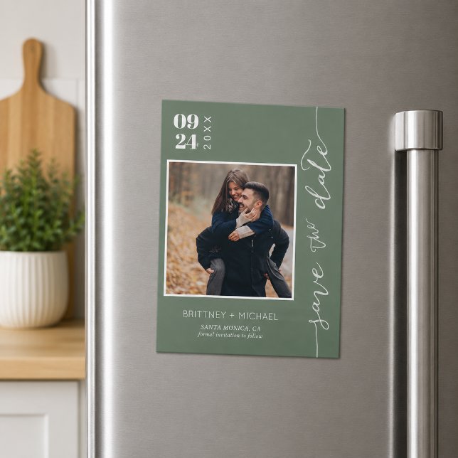 Foto em Salvia Escura para Save the Date (Elegant dark sage photo save the date featuring modern typography, romantic handwritten magnet)