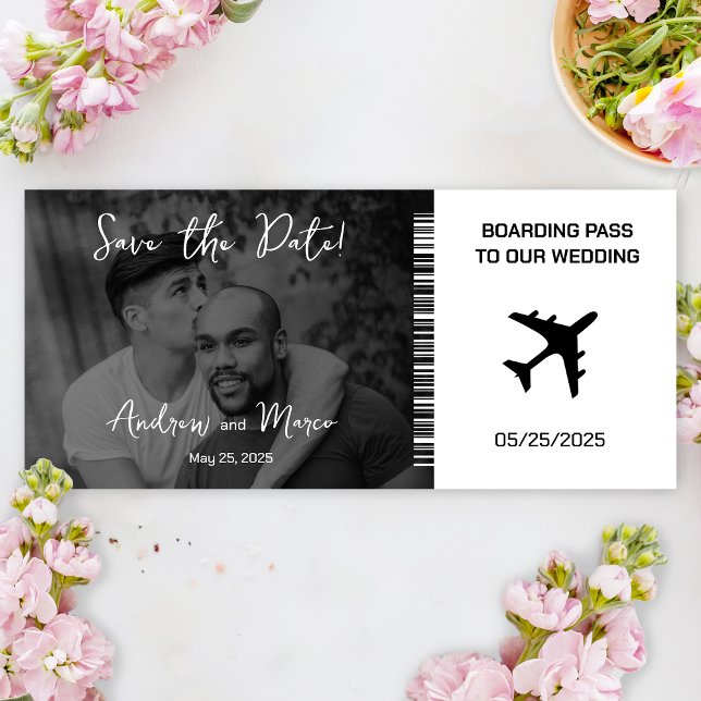 Foto Embarcar Pass Casamento Salvar Data (Black and white boarding pass save the date)