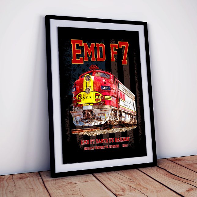 Foto EMD F7 Santa Fe Warbonnet com Bandeira Americana. (EMD F7 Santa Fe Warbonnet with American Flag. Photo Print)