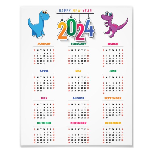 Foto Engraçado Colorido Dinossauro 2024 Calendário (Frente)