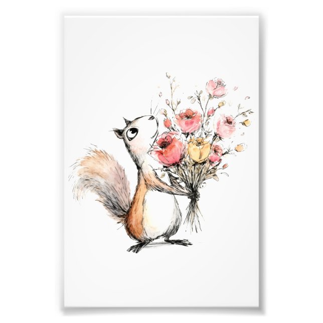 Foto Esquilo Fofo com Buquê de Flores (Frente)