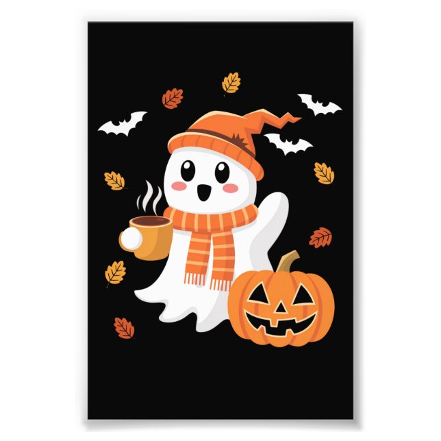 Foto Fantasma Fofo Bebendo Café Gelado Halloween  (Frente)
