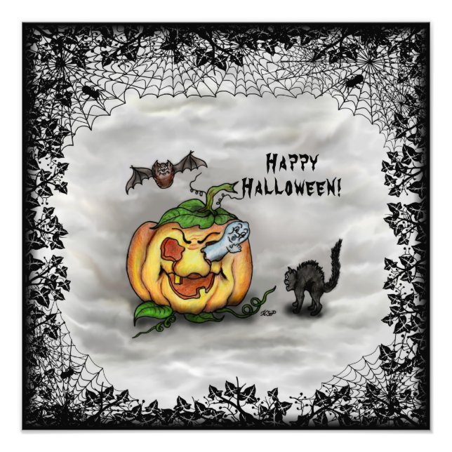 Foto Fantasma, Gato, Bat e Pumpkin, Feliz Halloween! (Frente)