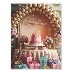Foto “Feliz Cumpleaños” Rosa Elegante e Dourado de Aniv