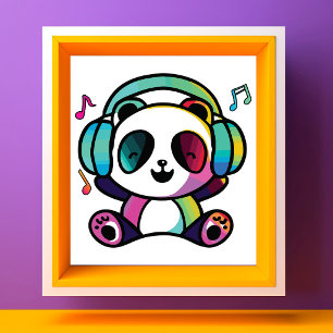 Foto Feliz Panda com fones de ouvido ouvindo música.