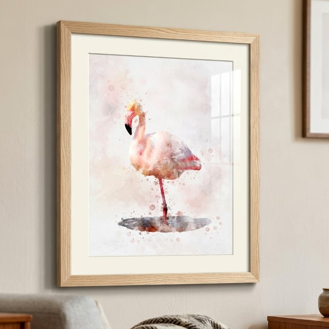 Foto Flamingo Rosa Elegante em Aquarela (Elegant Pink Flamingo standing in Watercolor. Photo Print)