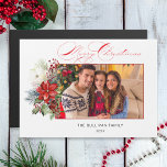 Foto Floral do Feliz Natal da Caligrafia<br><div class="desc">Escrito elegante para caligrafia Feliz Saudação de Natal (a cor é personalizável),  modelo fotográfico com spray colorido de poinsetos de Natal,  Holly e Pine.</div>