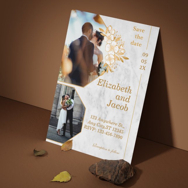 Foto Floral Dourada Castanha Salvar O Convite De D (Brown Gold Floral Photo Save The Date Invitation)