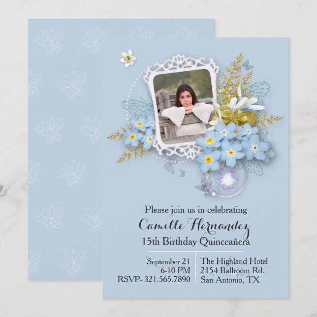 Foto Floral Frame Quinceañera Convite (Frente/Verso)