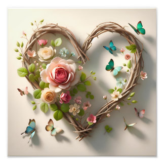 Foto Floral Heart Wreath with Butterflies Romantic 