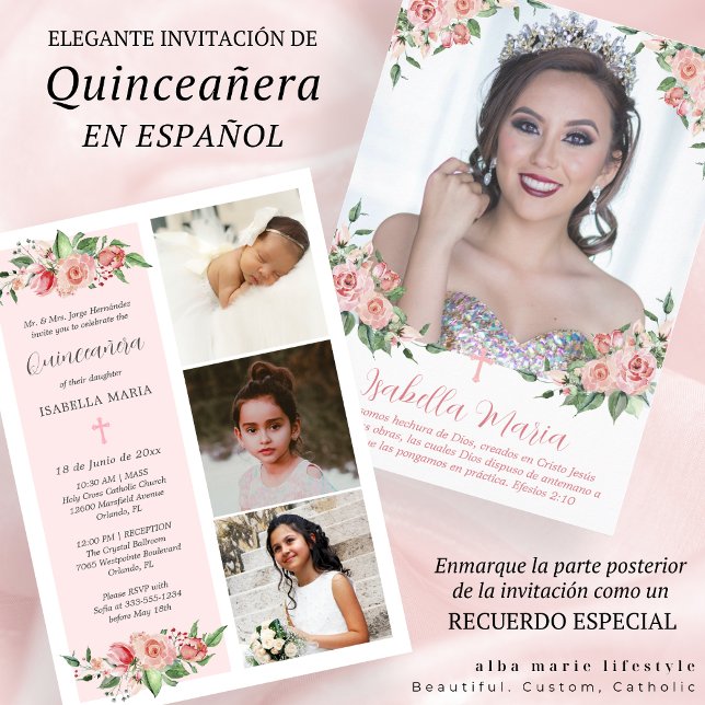 Foto Floral Rosa Quinceañera Convite Espanhol (Criador carregado)