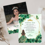 Foto Floral Verde Quinceañera Obrigado<br><div class="desc">Moderno Emerald Dark Hunter Green Glitter Sparkle Floral Rosa Butterfly Princesa Tiara Crown Quinceañera Aniversário Cartões de agradecimentos Foto de Aniversário</div>