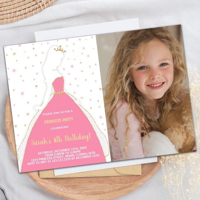 Foto: Foto: Princesa Rosa, Convites de Aniversário (Photo Glitter Pink Princess Birthday Invitations)