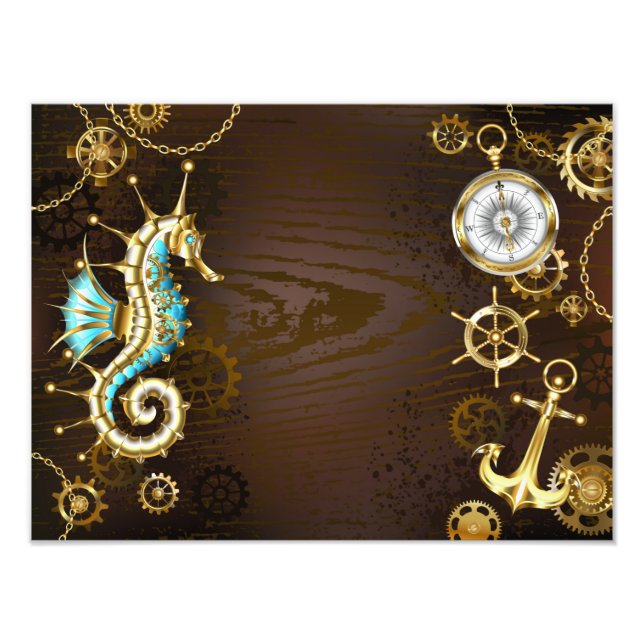 Foto Fundo de madeira com cavalo de mar mecânico (Frente)