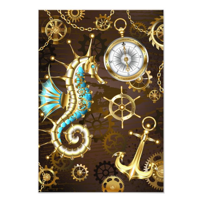 Foto Fundo de madeira com cavalo de mar mecânico (Frente)