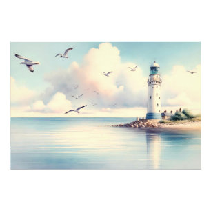 Foto Gaivotas do Farol Costeiro Céu Pastel Serenidade