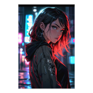 Foto Garota Anime de Rua Cyberpunk Neon Noite Cidade Ar