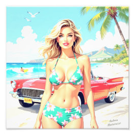 Foto Garota na praia com um carro clássico