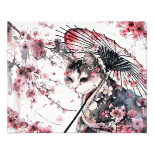 Foto Gata Geisha com Guarda-Chuva e Flores de Cerejeira