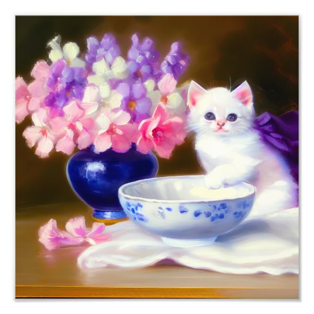Foto Gatinho Branco Vintage com Laço Roxo (Frente)