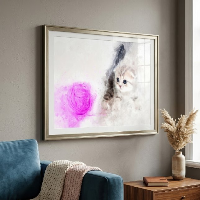 Foto Gatinho brincando com uma bola de fio rosa aquarel (Kitten playing with a pink yarn ball watercolor. photo print)