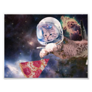 Foto Gato astronauta caçando uma fatia de pizza