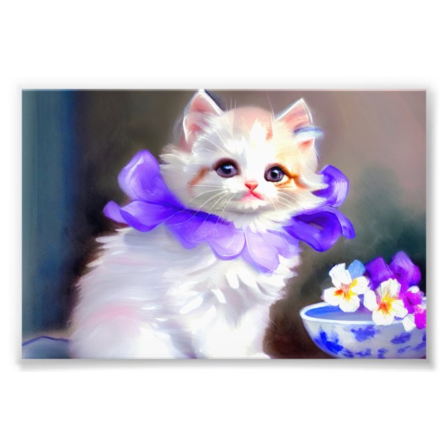 Foto Gato branco com pintura de colarinho de flores rox (Frente)