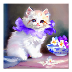 Foto Gato branco com pintura de colarinho de flores rox