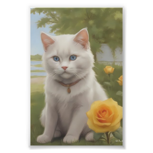 Foto Gato Branco com Rosas Amarelas (Frente)