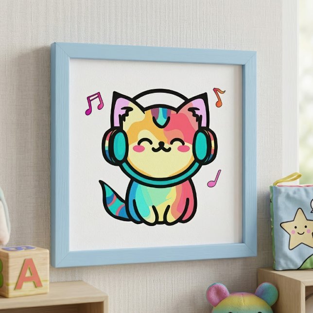Foto Gato Cartoon Kawaii Sorridente Feliz com Fones de  (Happy Smiling Kawaii Cartoon Cat with Headphones. Photo Print)