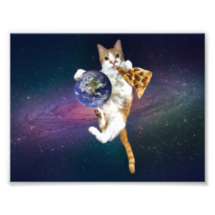 Foto Gato com planeta e comendo pizza