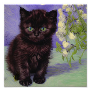 Foto Gato de estilo Van Gogh com Flores Brancas