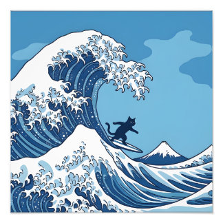 Foto Gato Engraçado Surfando a Grande Onda de Kanagawa 