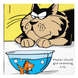 Foto Gato grande, peixe-dourado pequeno. Texto editável