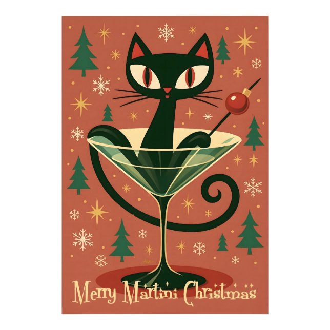 Foto Gato Preto do Meio do Século Feliz Martini Natal (Frente)