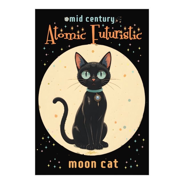 Foto Gato Preto Futurista Atômico da Lua com texto (Frente)