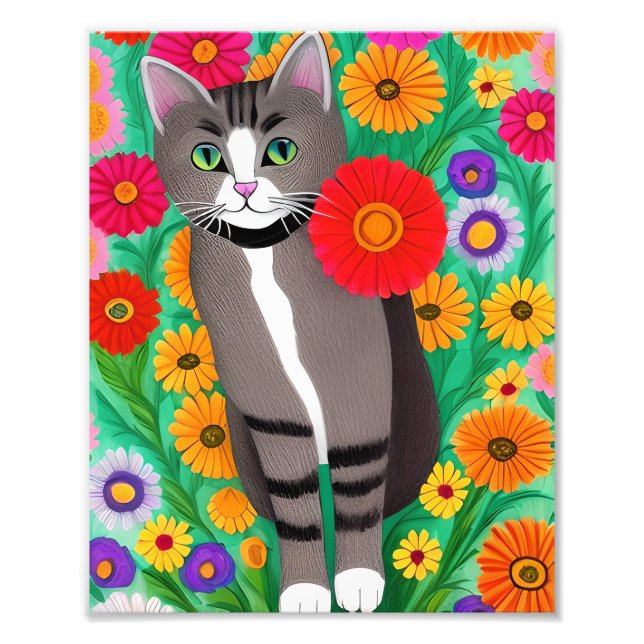 Foto Gatos Cinza e Branco Caprichosos e Flor Vermelha (Frente)