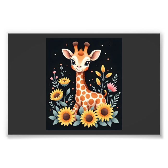 Foto Girafa Encantadora Rodeada de Flores Manga Longa (Frente)
