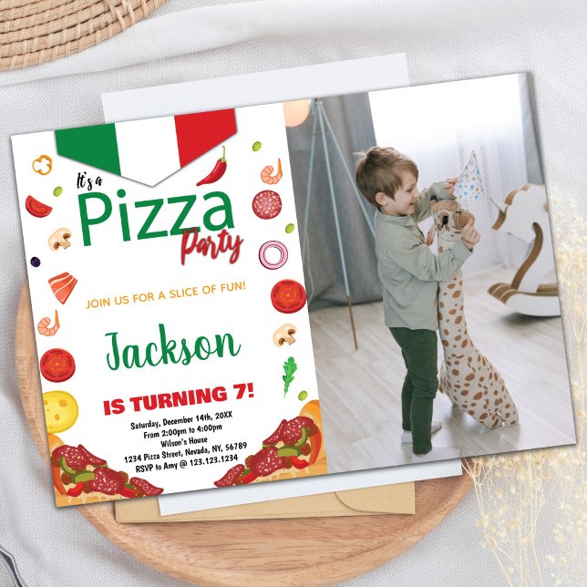 Foto: Green White Red Pizza Birthday Convite (Photo Green White Red Pizza Birthday Invitations)