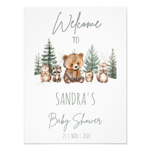 Foto Green Woodland Adventure Baby Shower Welcome Sign (Frente)
