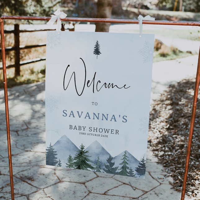 Foto Grey Wilderness Winter Baby Shower Welcome Sign (Mountain Welcome Sign, Pine Tree Welcome Sign, Baby Shower Welcome Sign, Winter Baby Shower Welcome)