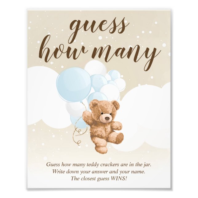 Foto Guess How Many Dusty Blue Teddy Bear Shower Sign (Frente)