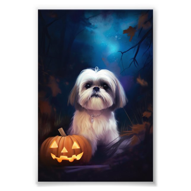 Foto Halloween Shih Tzu Com Pumpkins Assustado (Frente)